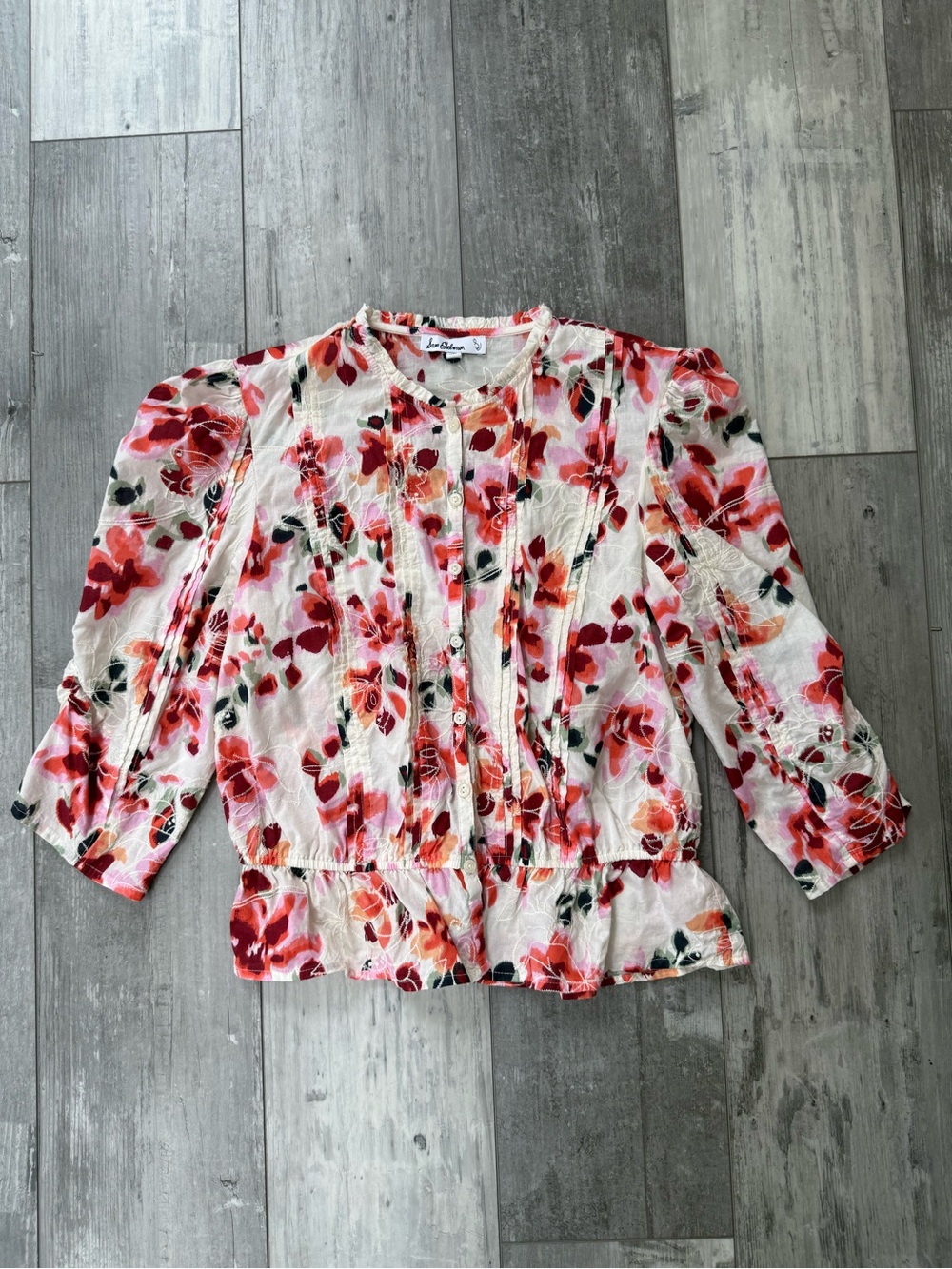 Sam Edelman Floral Embroidered Peplum Blouse Size Small 100% Cotton